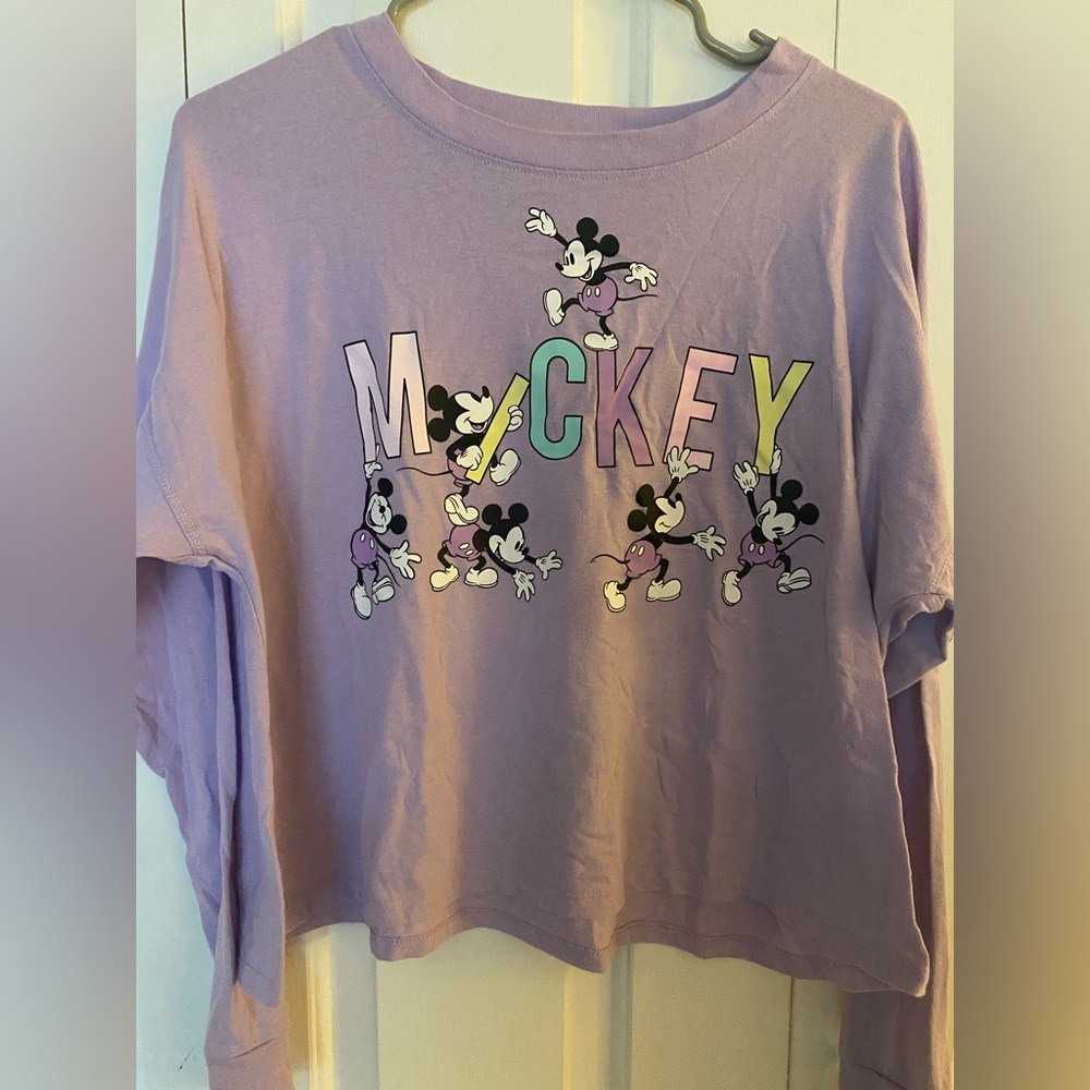 Disney Cropped Long Sleeve Purple Pastel Mickey Mouse Tee - Picture 2 of 8
